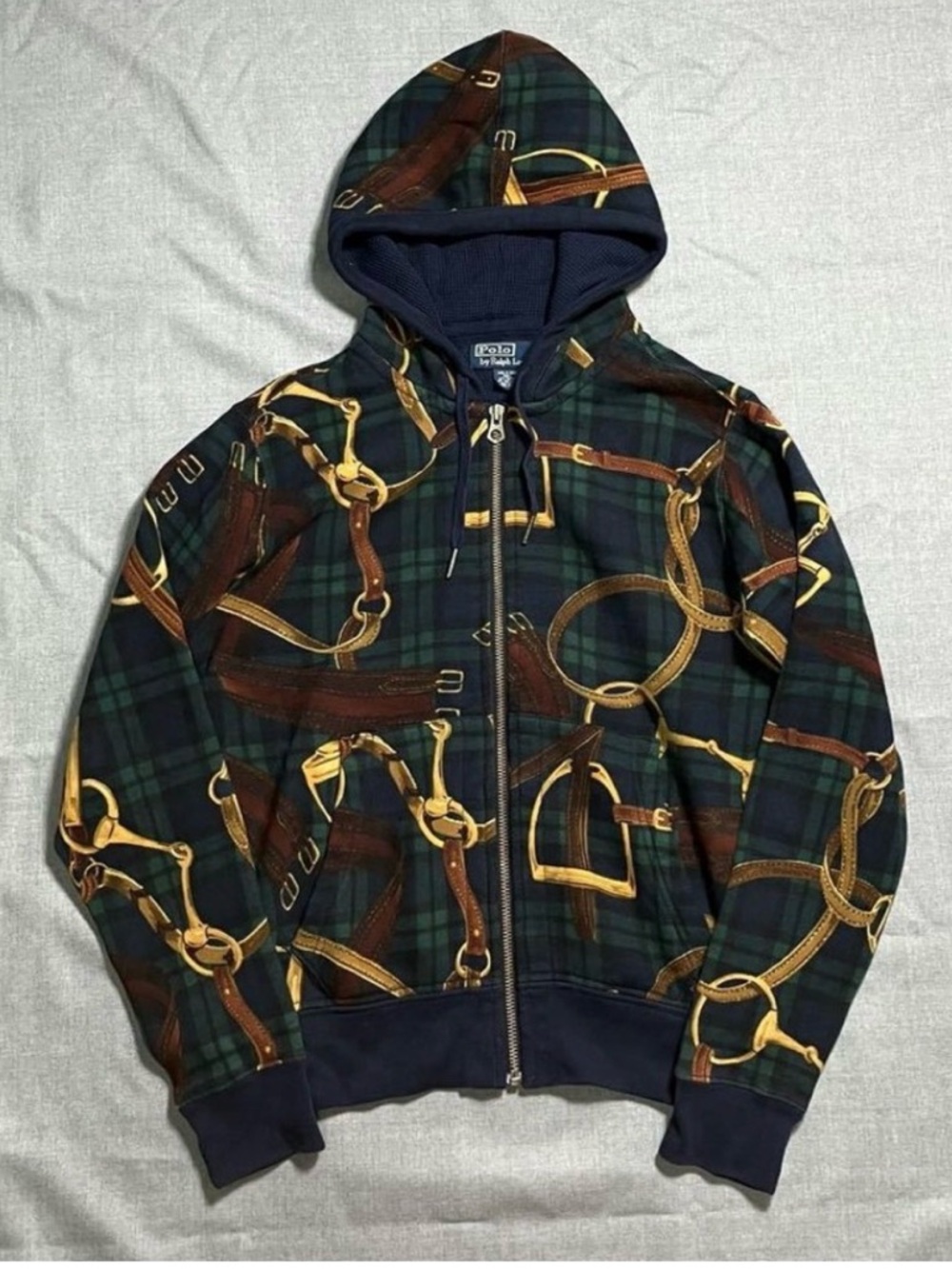 Vintage Polo by Ralph Lauren Navy Zip Hoodie Green and Gold Equestrian Print